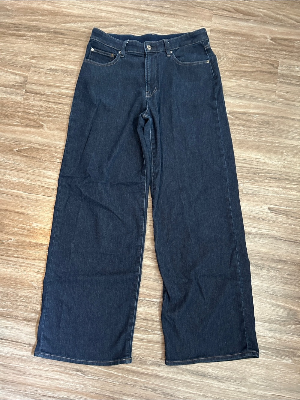 UNIQLO EZY Wide Straight Leg Jeans Dark Wash Denim Blue Comfort Stretch Size L